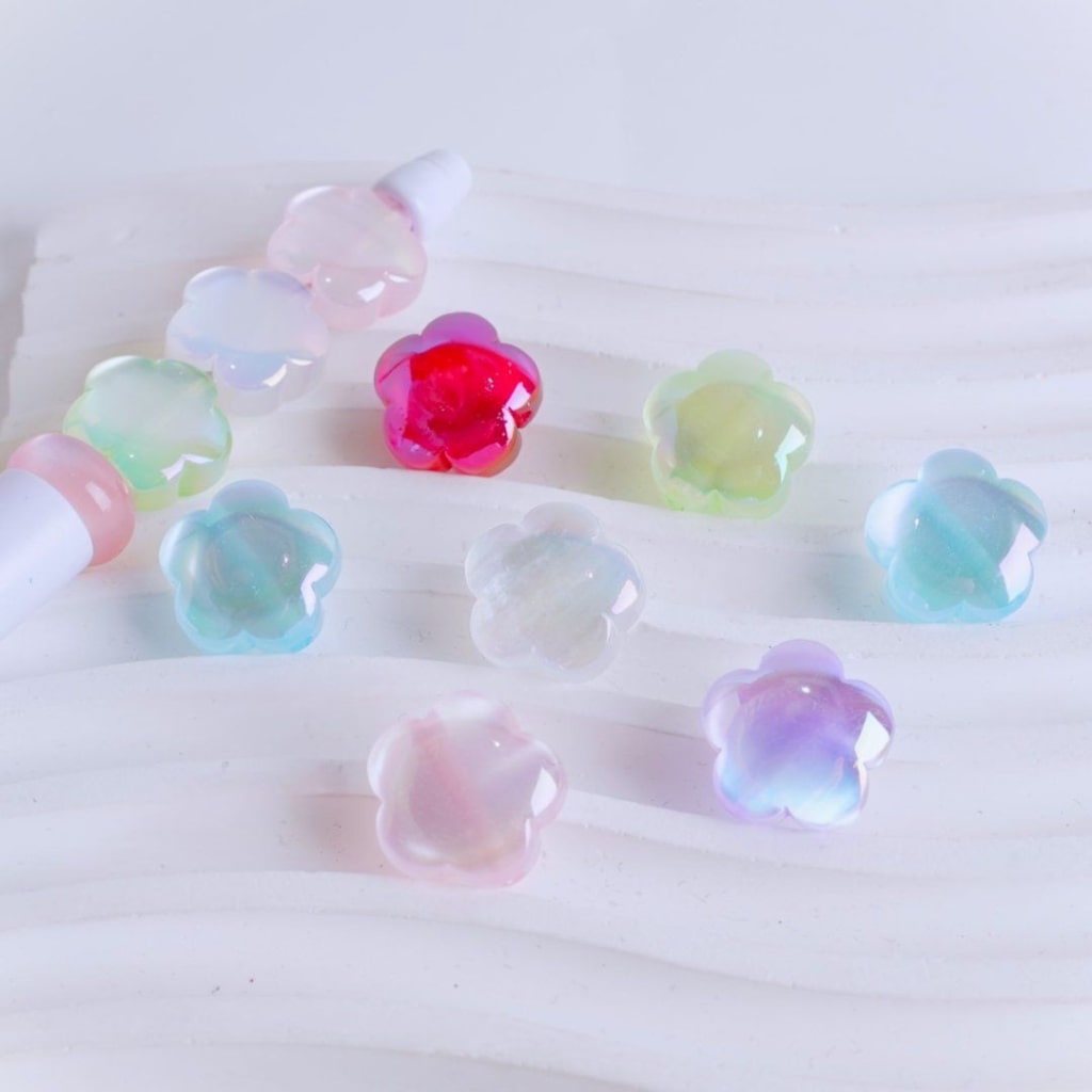 Colorful Flowers UV Coating Cat Eye Acrylic Beads, Around 16MM, Random Mix