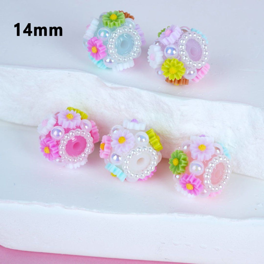 White Pearls Loop, with Mini Colorful Flowers Candy Color Round Acrylic Beads, 14MM