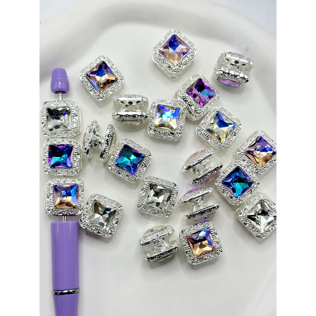 Square Silver Alloy Bead Double Layer with Rhinestone, Random Mix, 16MM