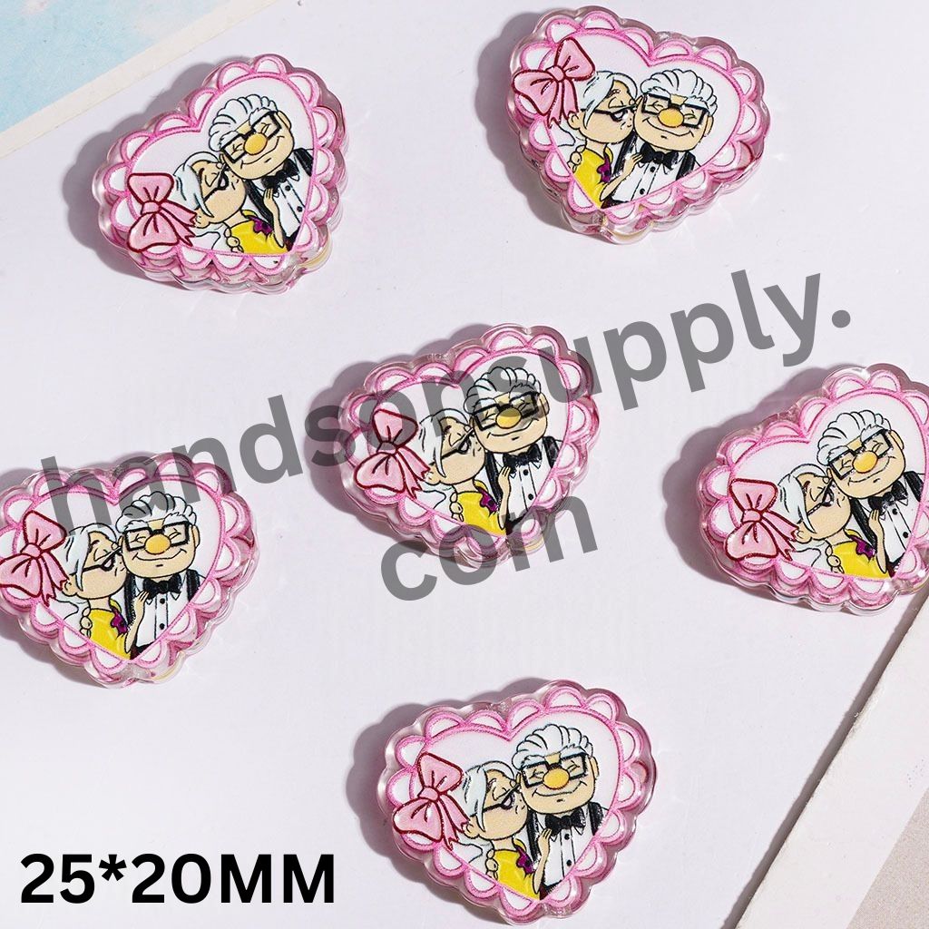 Cute Romantic Elderly Couple Flying House Tour Theme Flat Heart Shape with Bowtie Acrylic Beads, 25*20MM