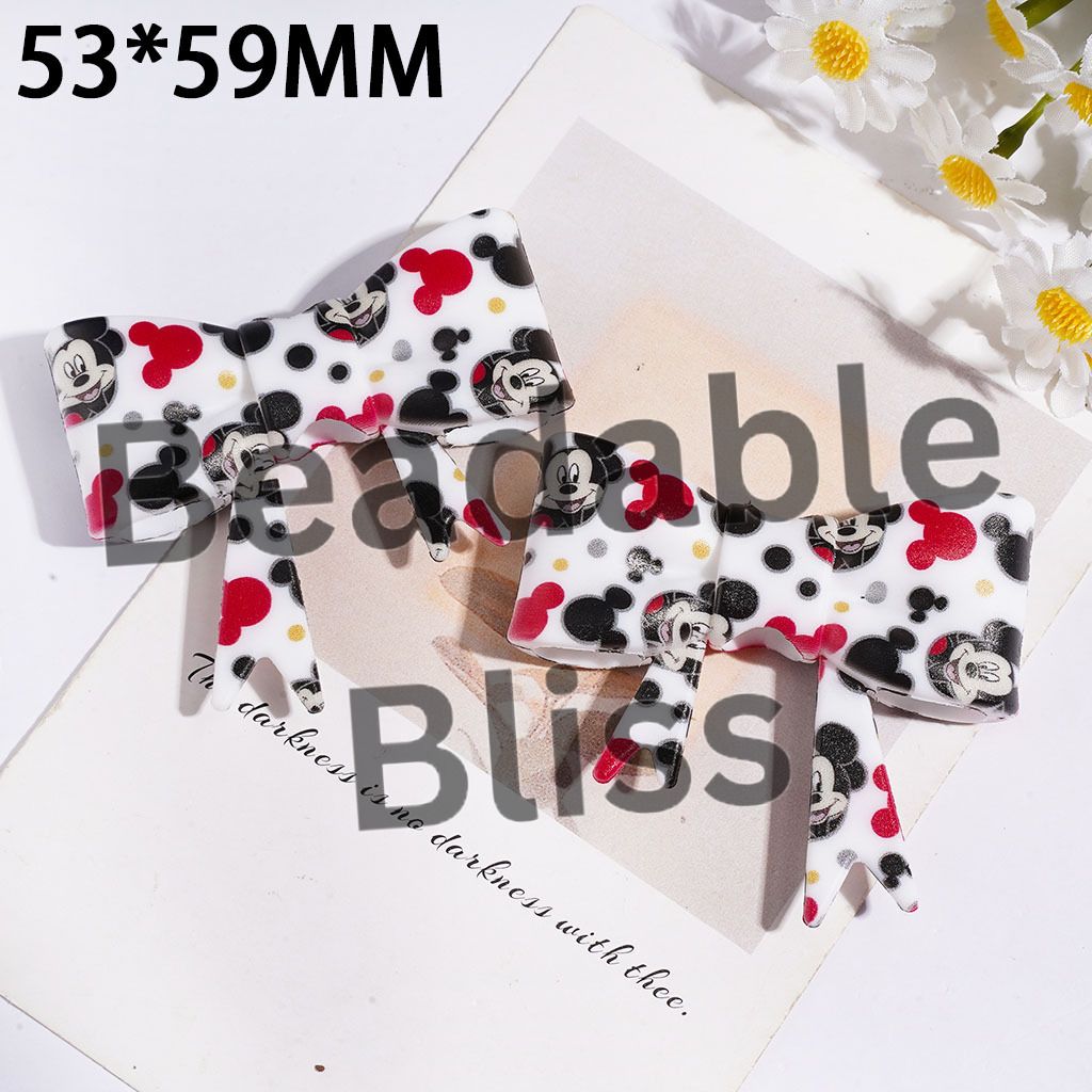 Silicone Focal Beads Soft Bowtie with Classic Mouse Characters and Head Prints, 53* 59MM