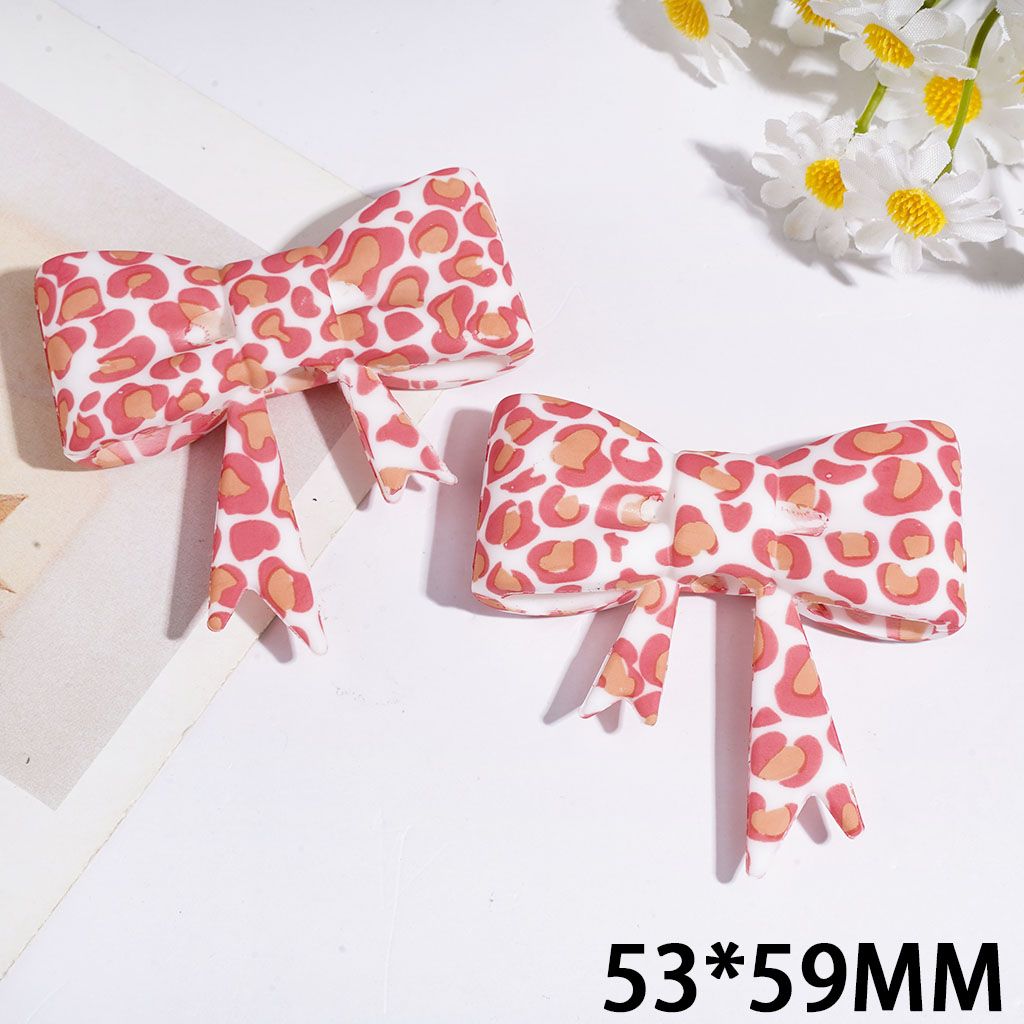 Silicone Focal Beads Soft Bowtie with Pink Orange Leopard Prints, 53*59MM