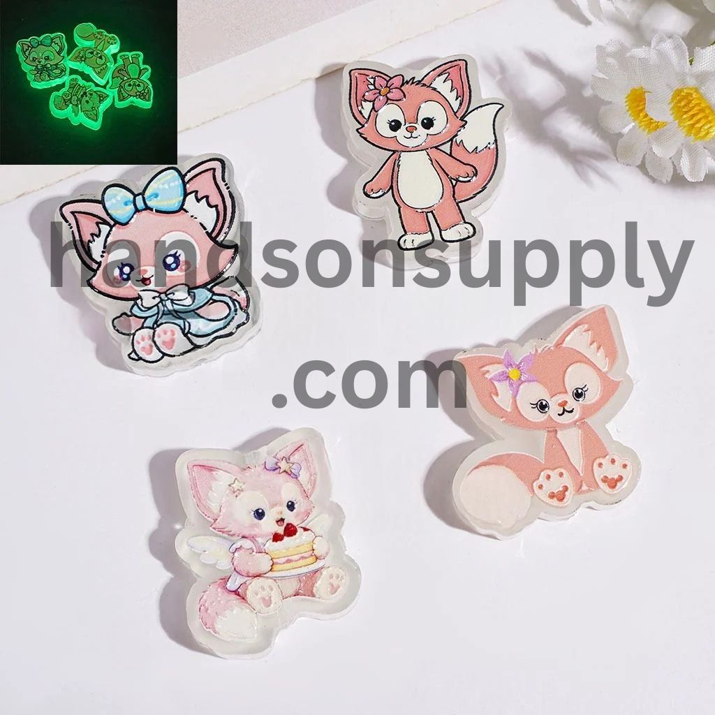 Luminous Charming Pink Fox Character Series Acrylic Beads, Diverse Designs, Random Mix