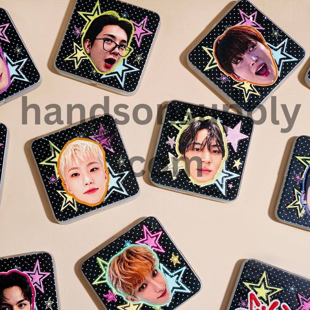 K-Pop Boy Group Portrait Acrylic Beads with Stars, 35mm, Flat Square Shape, Random Mix