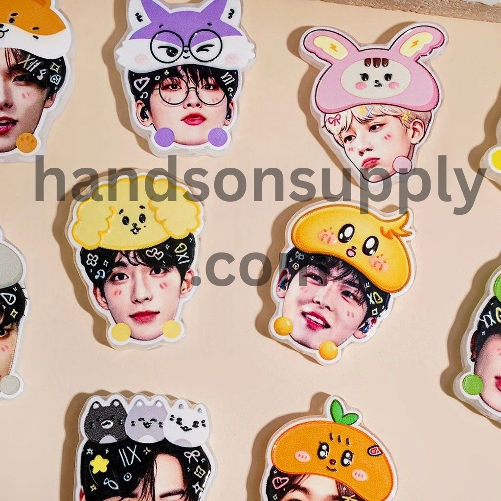 Adorable Korean Boy Group Character Faces with Cute Animal Hats Acrylic Beads, Random Mix