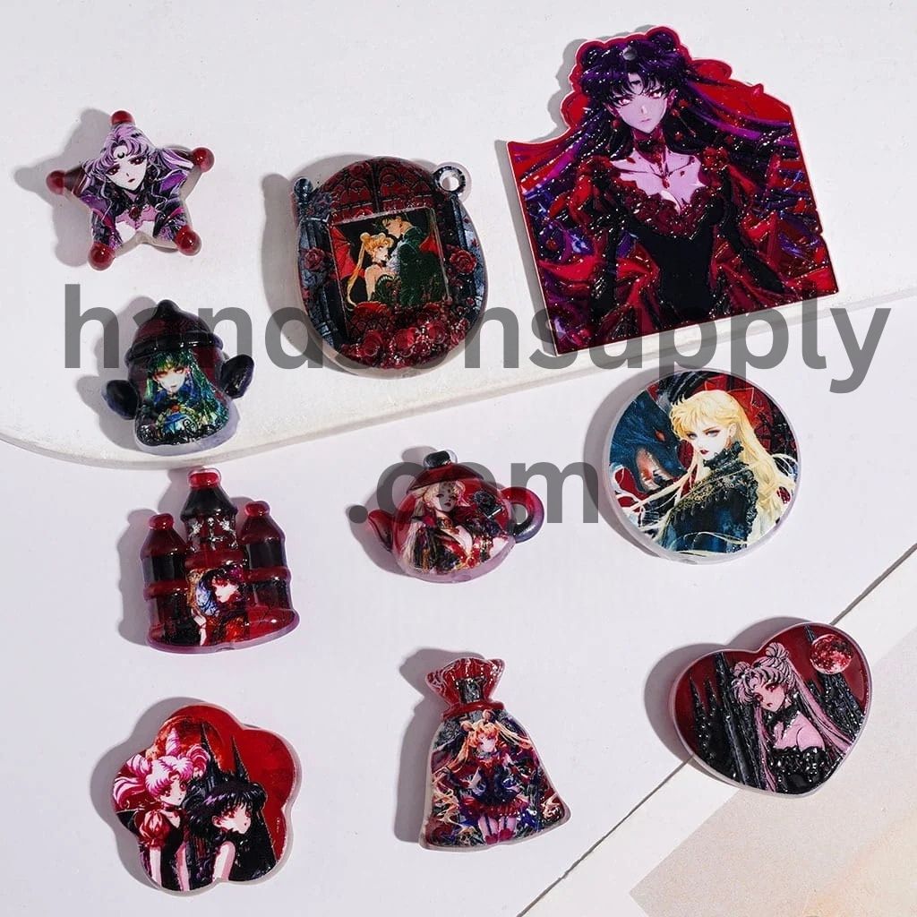Flat Magical Girl and Boy Guardian Character Series in Dark Red Acrylic Beads and Pendants, Random Mix