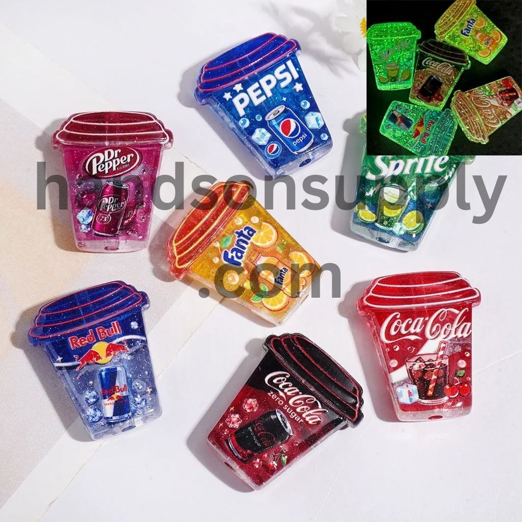 Luminous Sparkling Soda Drink Cup with Glitter Semi-Clear Acrylic Beads, 25*30MM, Multi-Color, Random Mix