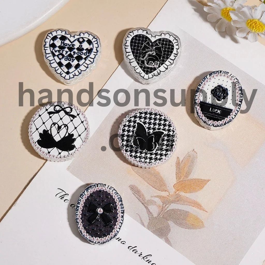 Elegant Black & White Bowtie, Butterfly & Camellia Flower Pattern Acrylic Beads, Flat Round, Heart & Oval Shapes, Random Mix