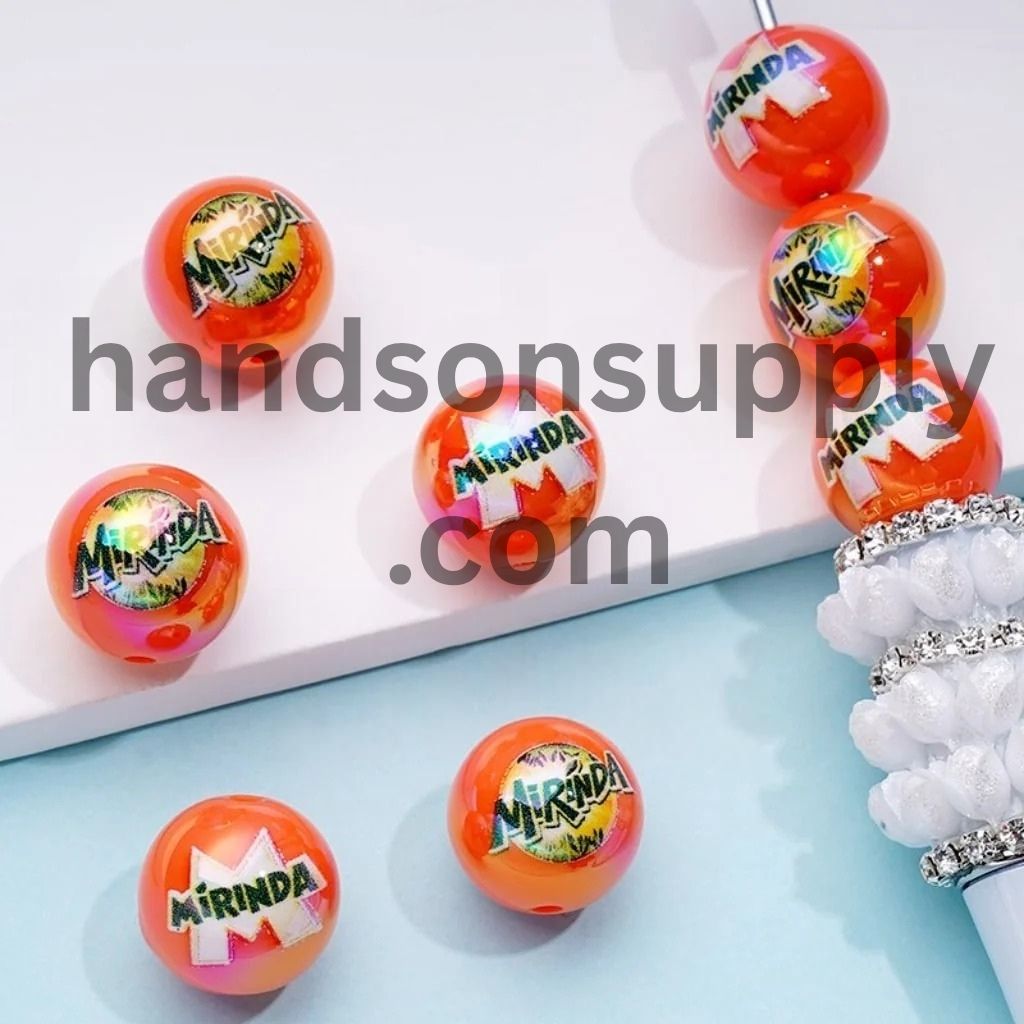 Drink Soda Mirind Orange Round UV Coating Acrylic Beads, 16MM, Random Mix