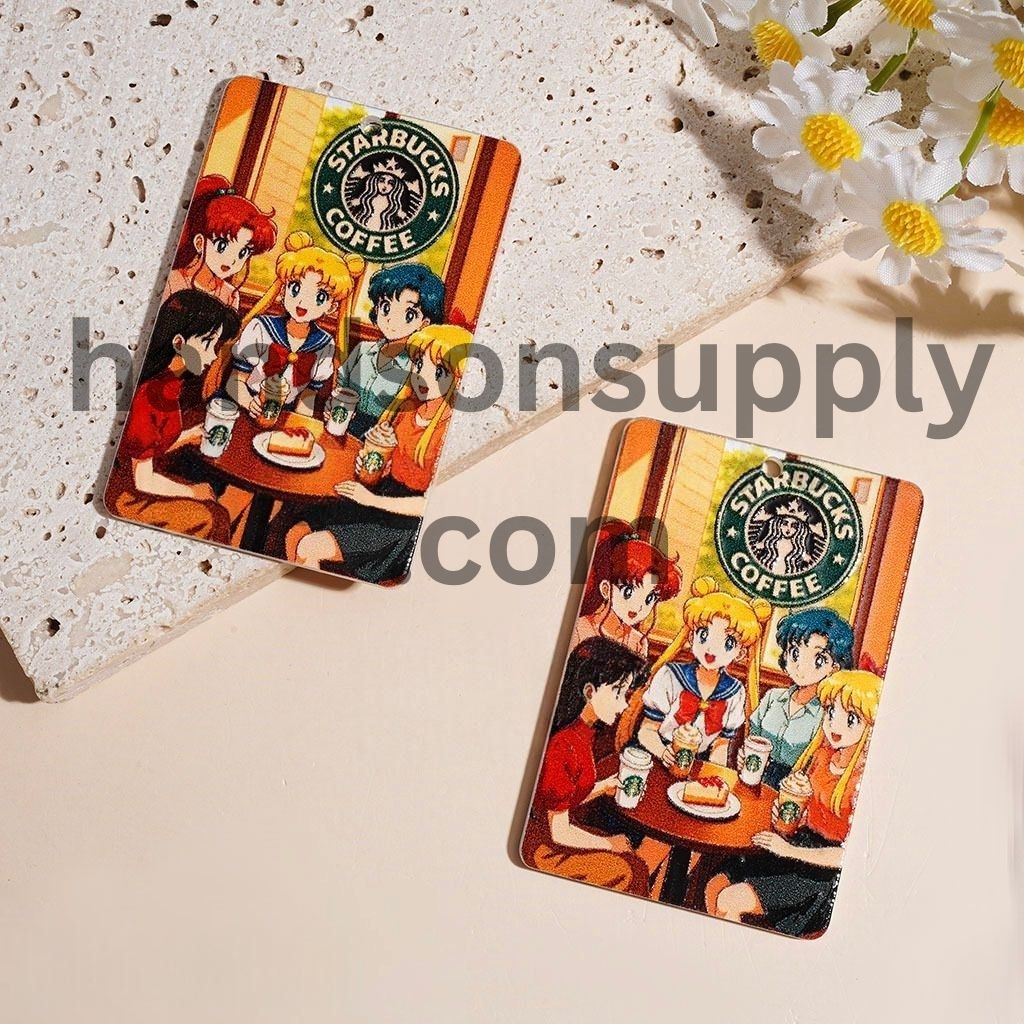 Adorable Magical Girl Guardian Anime Characters and Coffee Shop Theme Flat Rectangle Shape Acrylic Pendants, 58*39MM