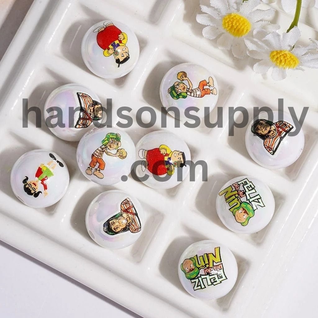UV-Coated Charming Retro Latin Comedy Character Printed Round Acrylic Beads & Bracelets, 16MM, Random Mix