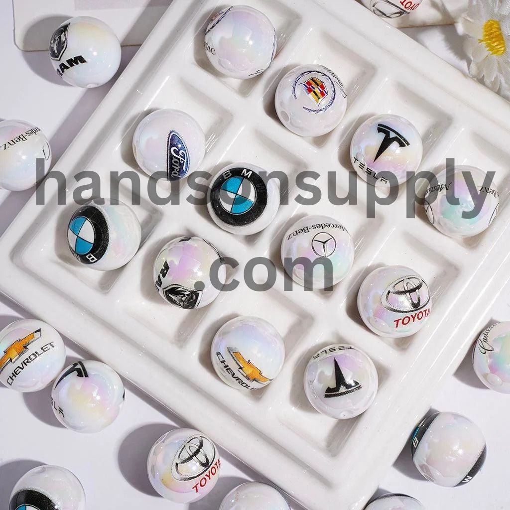 UV-Coated Stylish Famous Car Badge Printed Round Acrylic Beads for Bracelets, 16MM, Random Mix