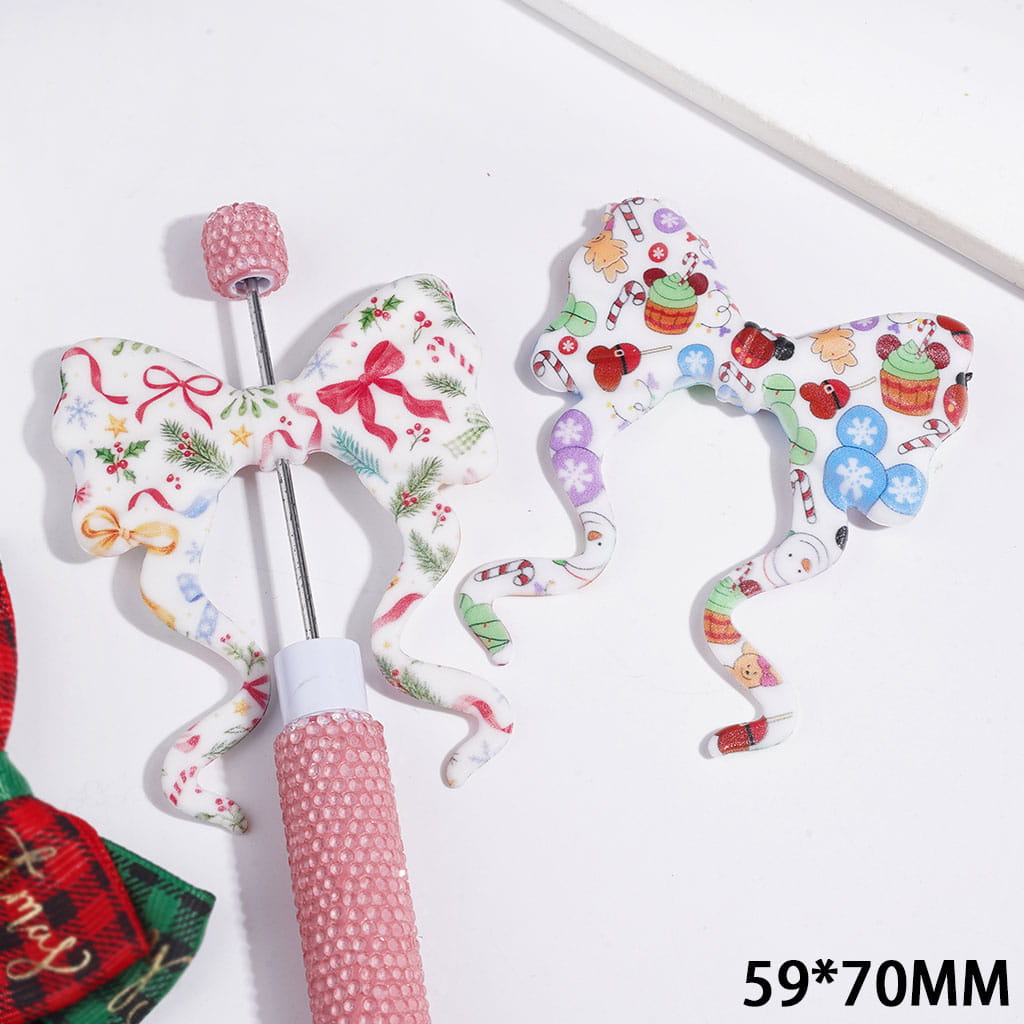 Festive Christmas-Themed Red Bows, Pine Leaves, Candy Canes, Gingerbread Men & Snowmen Design Printed PVC Soft Rubber Beads, Bowknot with Long Ribbon, 59*70MM, Random Mix