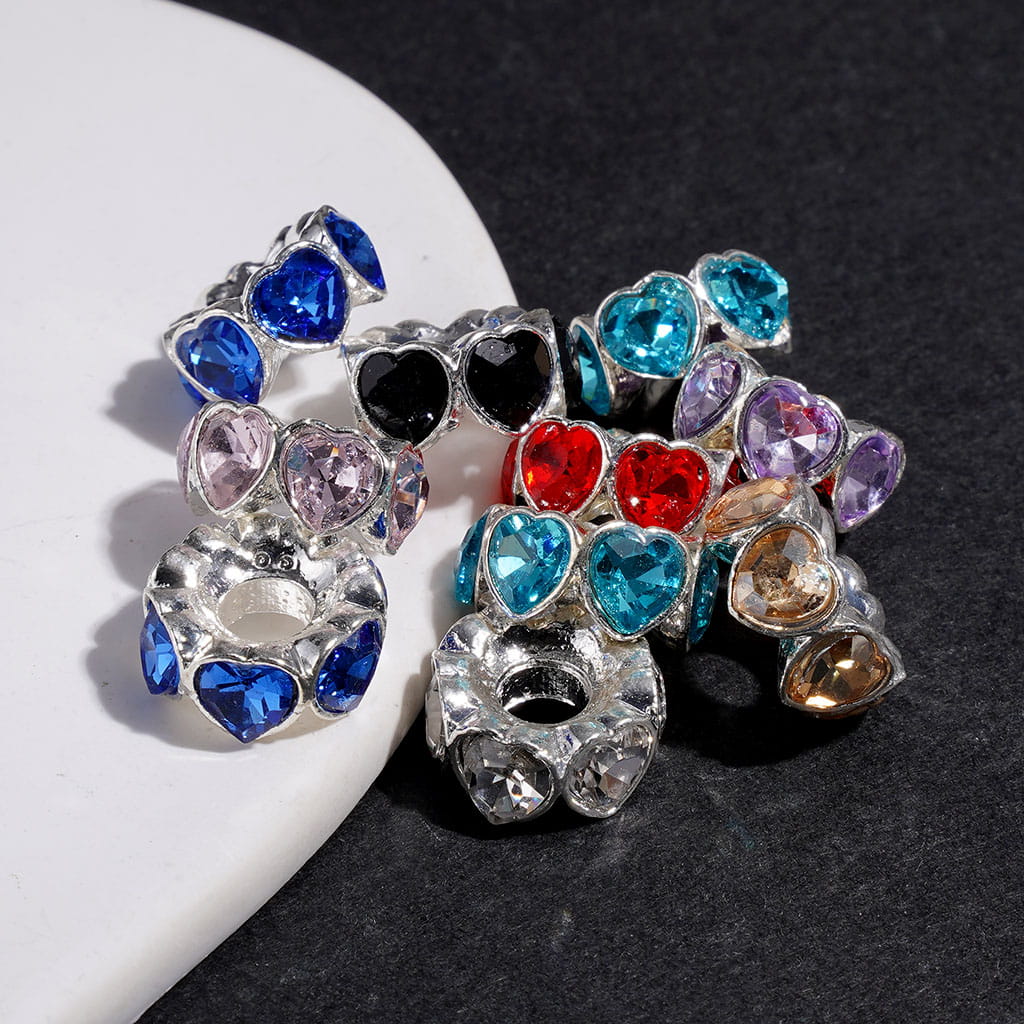 Silver Metal Beads with Shiny Heart-Shaped Rhinestones, Big Hole Spacer Beads, Multi-Color, Random Mix (Hole Diameter Approx. 4.5MM)