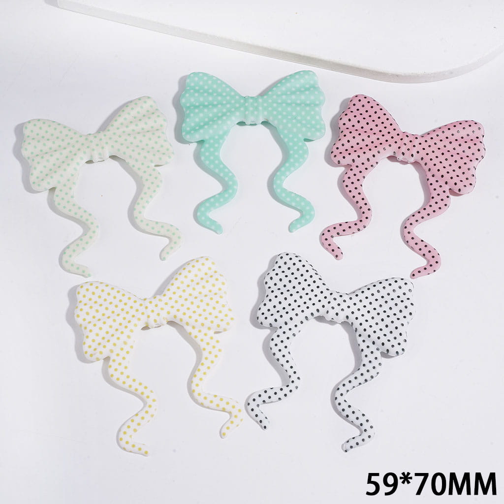 Playful Polka Dot Patterns on Ribbon-Tailed Bowknot PVC Soft Rubber Beads, 59*70MM, Multicolor Random Mix