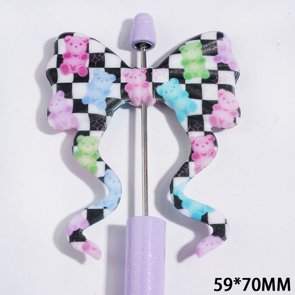 Adorable Black and White Checkered Bear Print Soft Long Ribbon Bowknot Silicone Focal Beads, 59*70MM