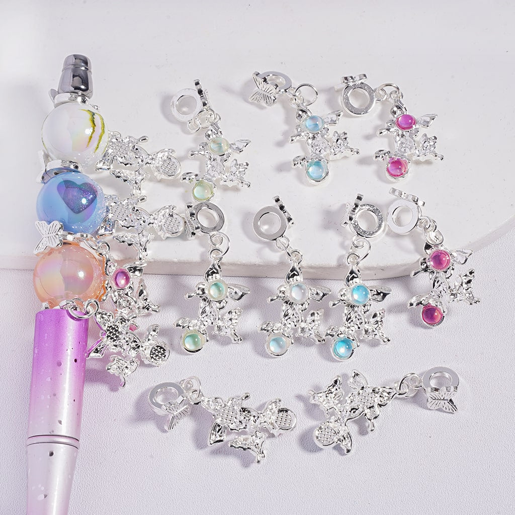 Multi-Color Butterfly Charm Pendant with Shiny Rhinestones & Butterfly Wings in Open-Closed Form Silver Alloy Bail Beads , Random Mix