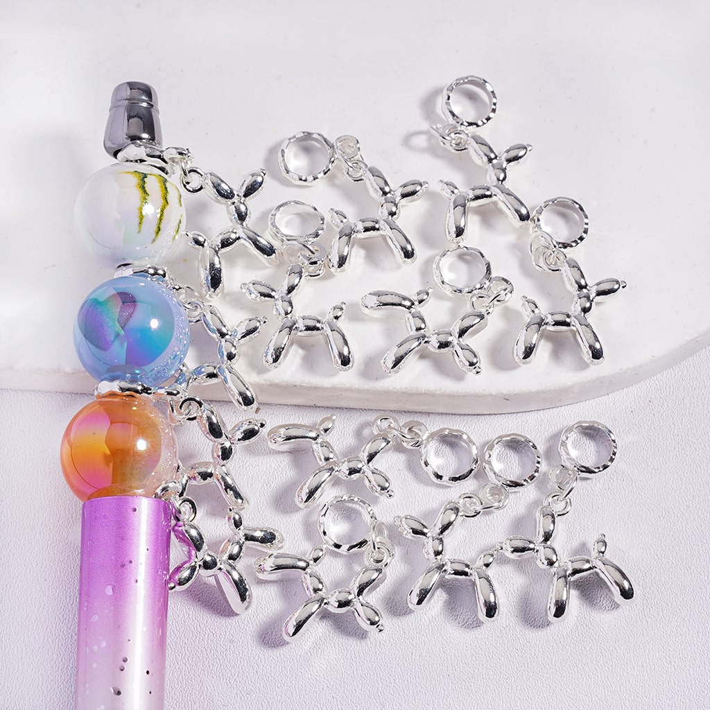 Wave-Shaped Round Ring with Charm Pendant Balloon Dog Silver Metal Bail Beads