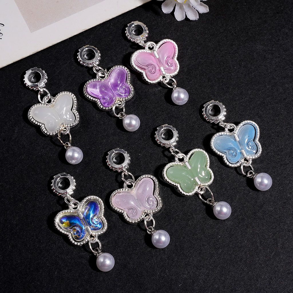 Silver Alloy Bail Loop Beads with Charm Pendant Butterfly and White Pearl Tassel, Multi-Color, Random Mix