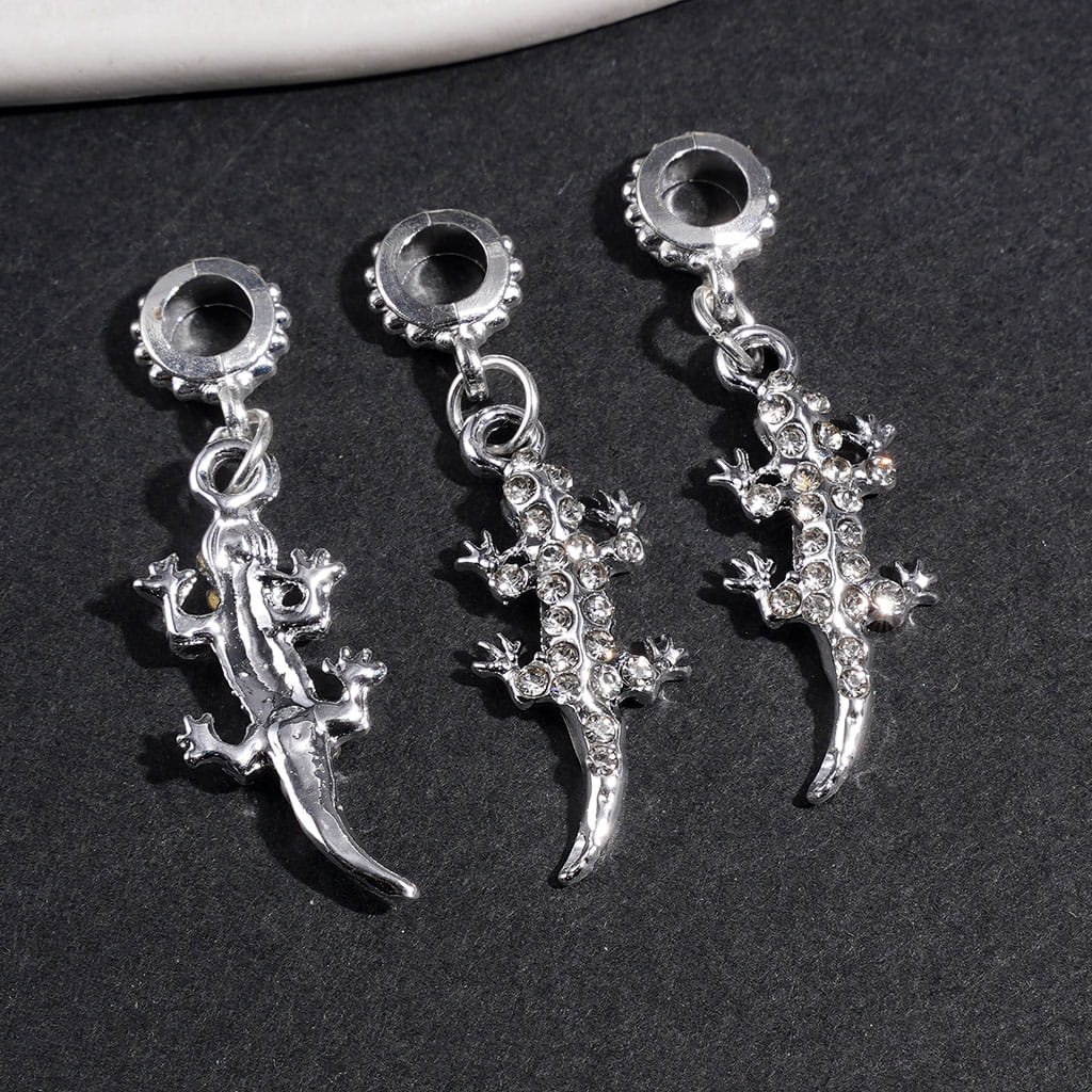 Silver Gecko with Clear Rhinestones Metal Bail Beads for Hanging Charms and Pendants