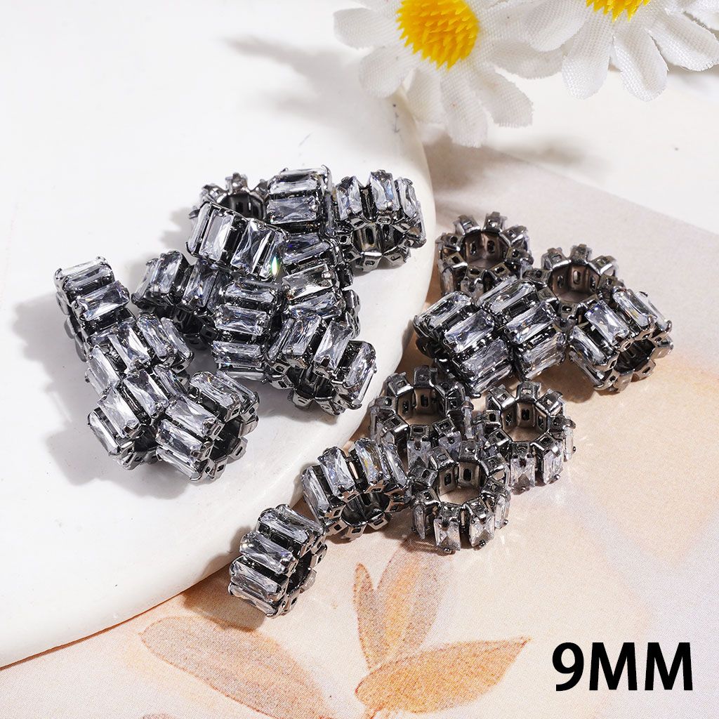 Alloy Beads with Rectangle Rhinestone, Big Hole Beads, 9MM Gun Black (The Hole Diameter is Around 4MM)