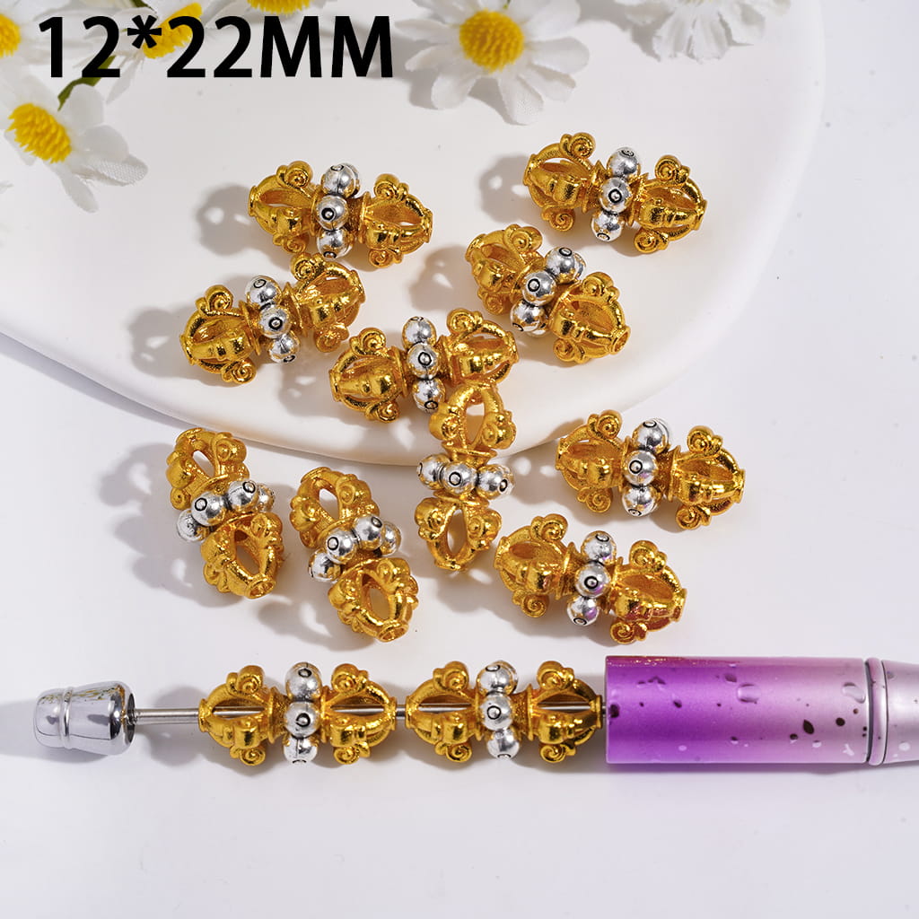 Alloy Beads Chinese Xi Zang Ritual Vajra Pestle Design with Rotatable Silver Flower Accent Gold Finish 12×22MM
