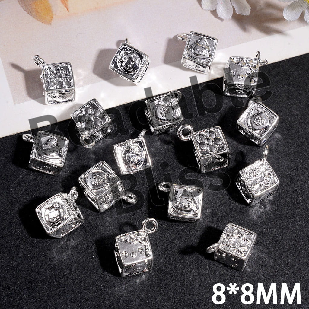 Silver Lucky Dice Cube Square with Flower Handbag Cute Cat Character Patterns, Metal Silver Alloy Charm Pendants & Jewelry Accessories, 8*8MM