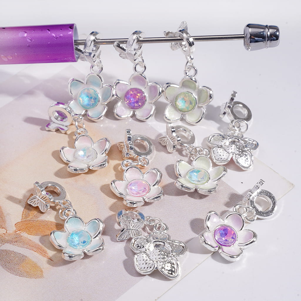 Silver Alloy Butterfly & Curved Flower Multicolor Rhinestone Bail Beads Random Mix