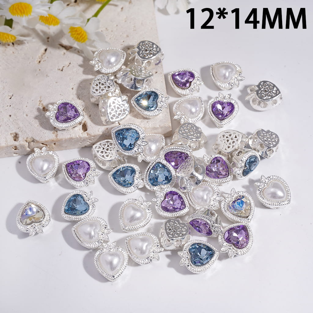 Alloy Strawberry Beads with Heart Rhinestone & White Pearl, Hollow Heart Back Design, 12×14mm Random Mix (It's a little hard to stick into the pen pole)