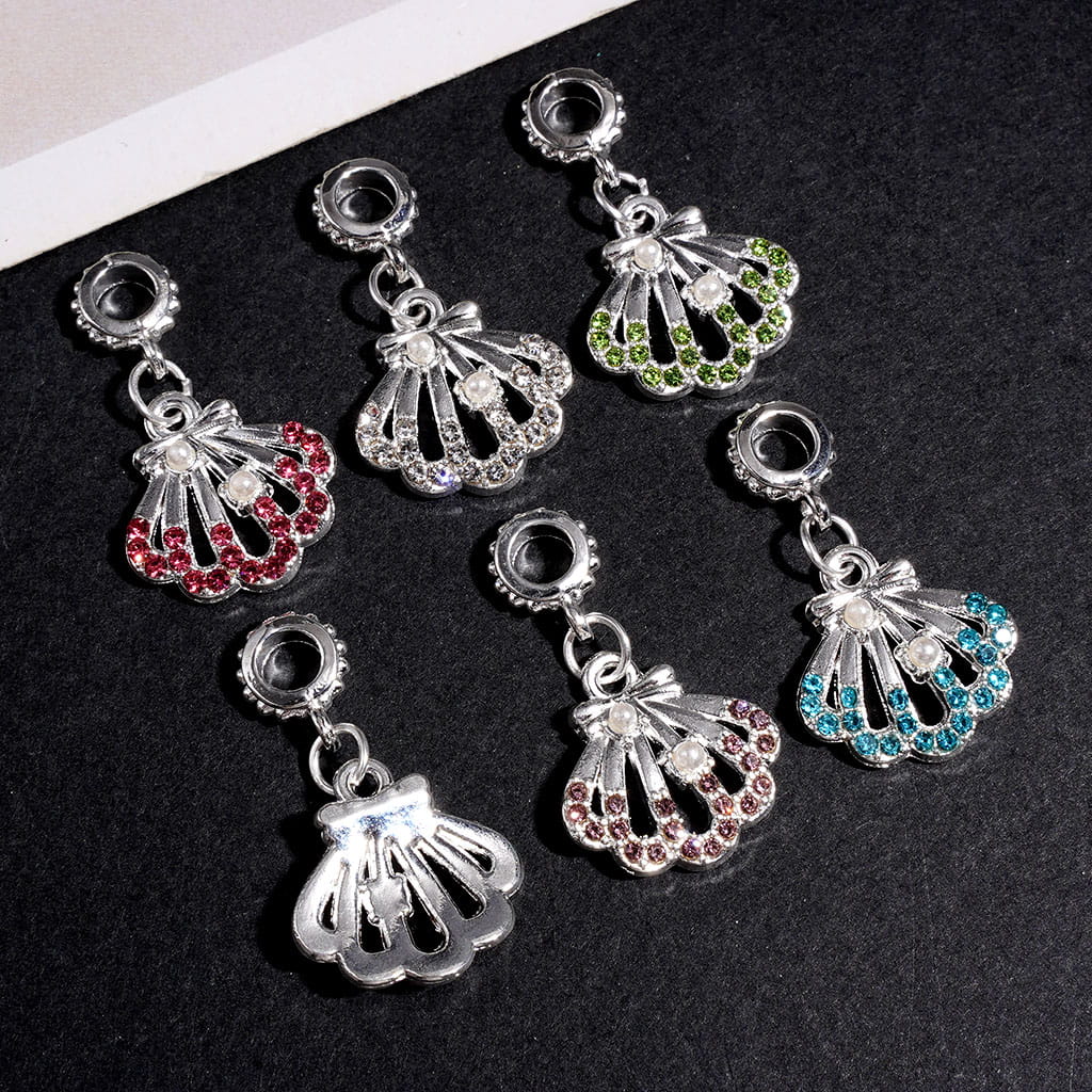 Seashell with Rhinestones and White Pearls, Silver Alloy Bail Beads Loop Charm Pendants & Jewelry Accessories, Multi-Color, Random Mix