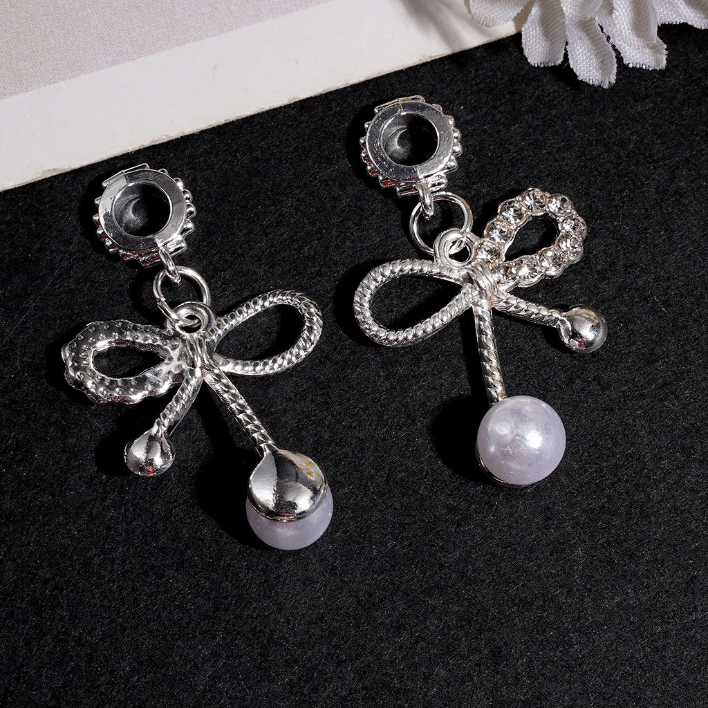Silver Alloy Bail Loop Beads with Charm Pendants Bowtie with Clear Rhinestone Big White Pearl, Jewelry Accessories