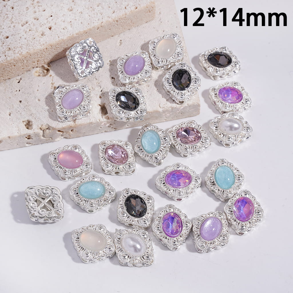 Alloy Rhomb Beads with Oval Rhinestone & Hollow Cloud Texture 12*14MM, Random Mix (Can't Used for Pen)