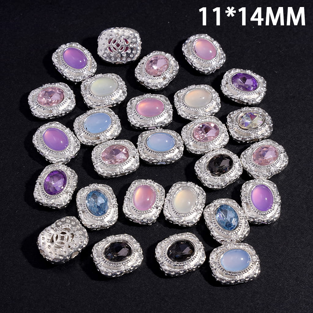 Alloy Rectangle Beads with Silver Edge, Oval Rhinestone & Hollow Copper Cash Texture with Dotted Inlay Back Design 11*14MM Random Mix (Can't Used for Pen)