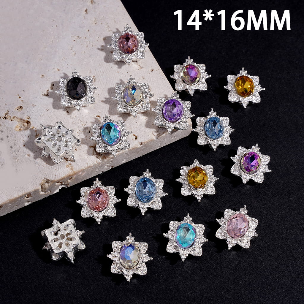 Silver Color Metal Beads with Snowflake Edge, Oval Rhinestone & Hollow Floral Back Design 14*16MM Random Mix