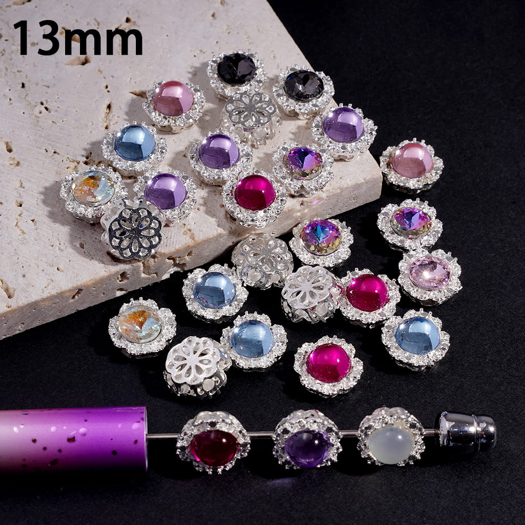 Silver Alloy Beads Short Cross Edge, Half-Round Rhinestone & Hollow Floral Back Design 13MM Random Mix