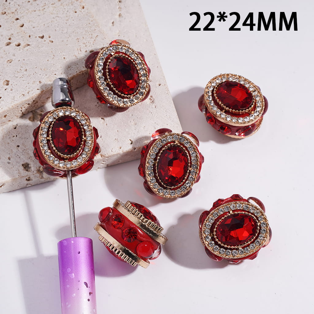 Gold Oval Alloy with Mini Clear Rhinestones & Red Oval Rhinestone Clay Beads 22*24MM