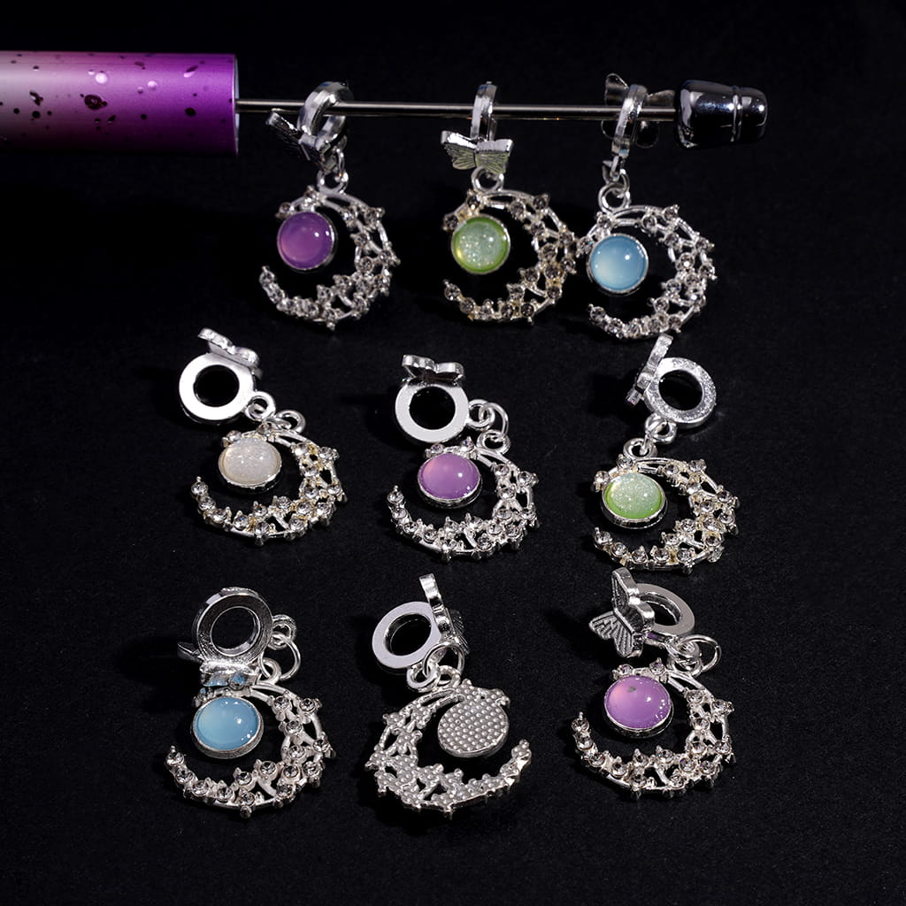 Butterfly Charm, Crescent Moon Design & Crystal Rhinestones Silver Metal Bail Beads Random Mix