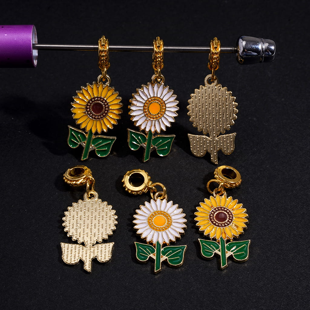 Gold Alloy Sunflower Charm Bail Jump Ring Beads with White & Yellow Vivid Pendant Designs Random Mix