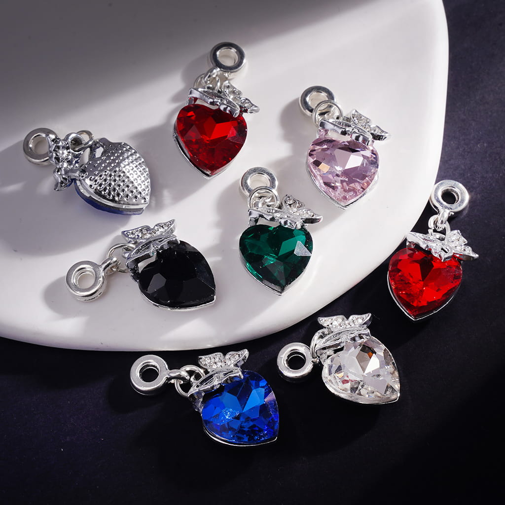 Silver Metal Bail Loop Beads with Butterfly and Heart Rhinestone Charm Pendants &Jewelry Accessories Random Mix