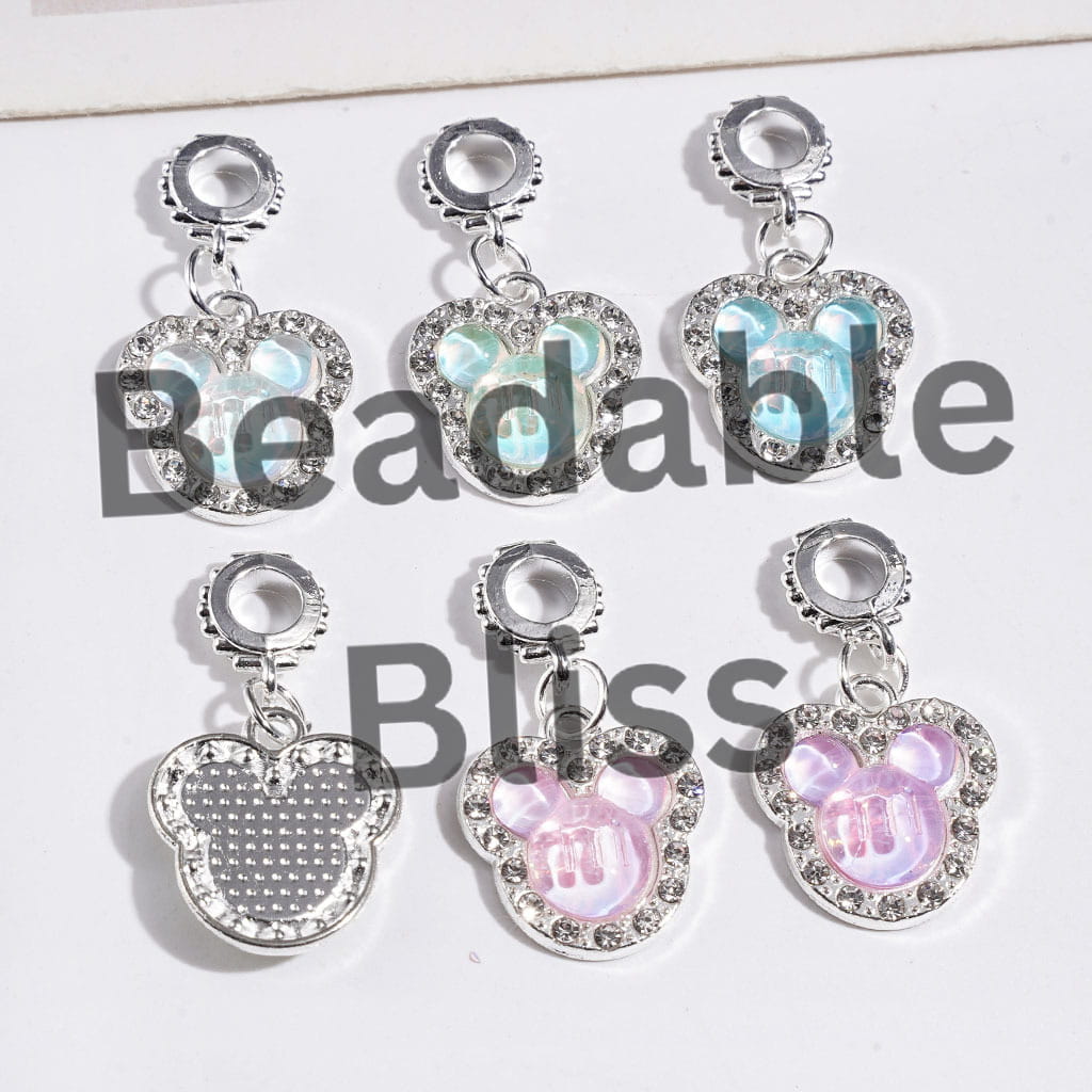 Alloy Bail Beads with Charms Pendants Mouse Head, with Clear and "m" Word Rhinestones, Jewelry Accessories, Multi-Color Random Mix