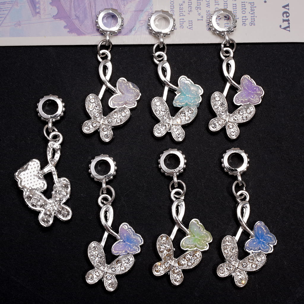 Silver Alloy Bail Loop Beads Hanging Charms Double Butterflies with Clear Rhinestones, Jewelry Accessories, Random Mix