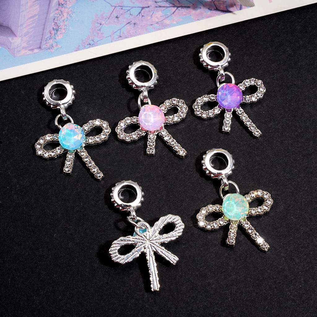 Bow Silver Alloy Charm Pendants with Clear Rhinestones & Round Crystal Bail Loop Beads, Random Mix