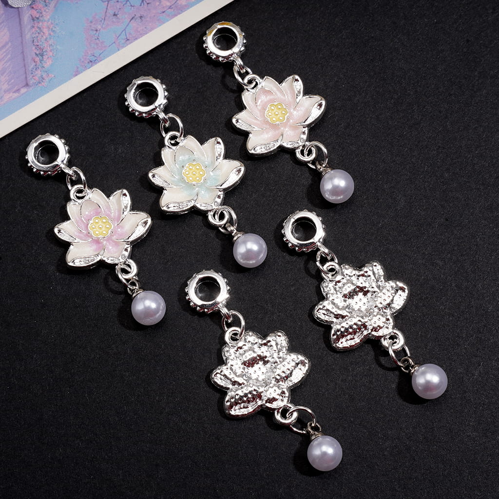 Lotus Flower Silver Alloy Charm Pendants with Pearl Drop & Bail Loop Beads, Random Mix