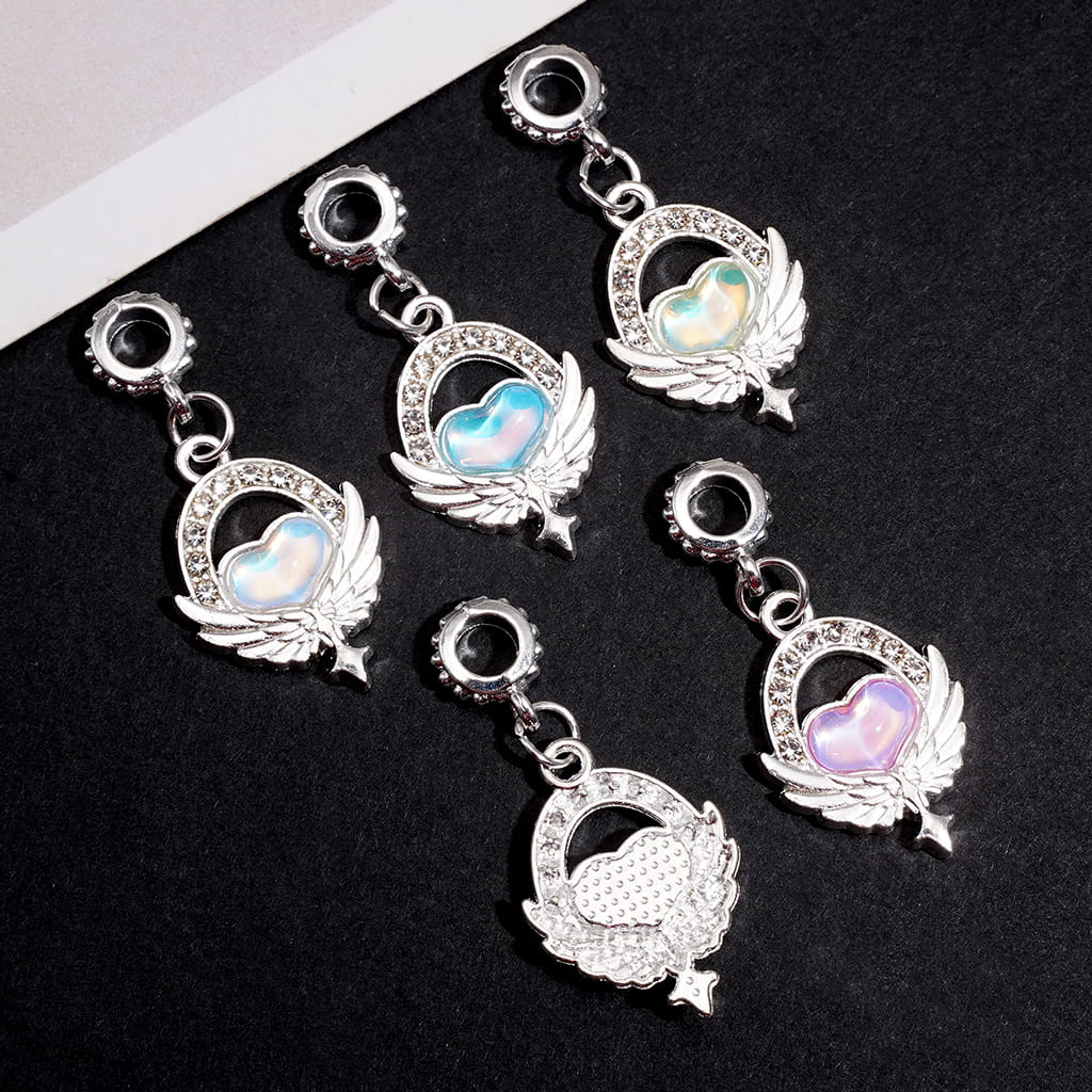 Silver-Toned Metal with Rhinestones and Iridescent Heart Stones, Angel Wings Alloy Pendants and Charms