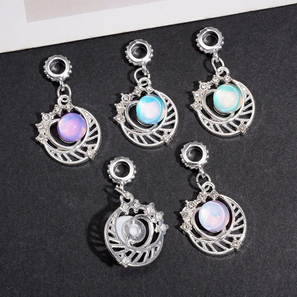 Dreamy Galaxy Crescent Moon Charm Pendants with Planet Rhinestones, Silver Metal Bail Beads Bracelet Jewelry Accessories