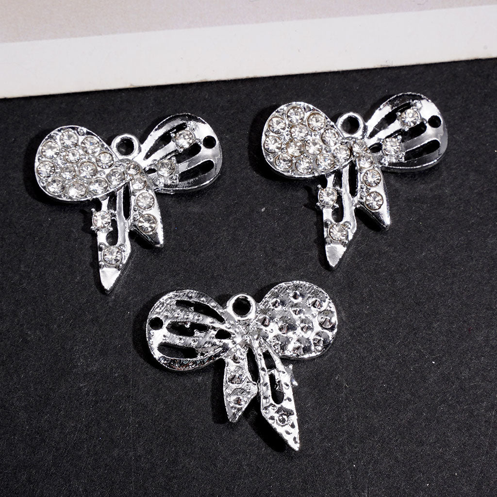 Cute Bowknot Charm with Clear Rhinestones, Silver Alloy Pendant & Jewelry Accessory