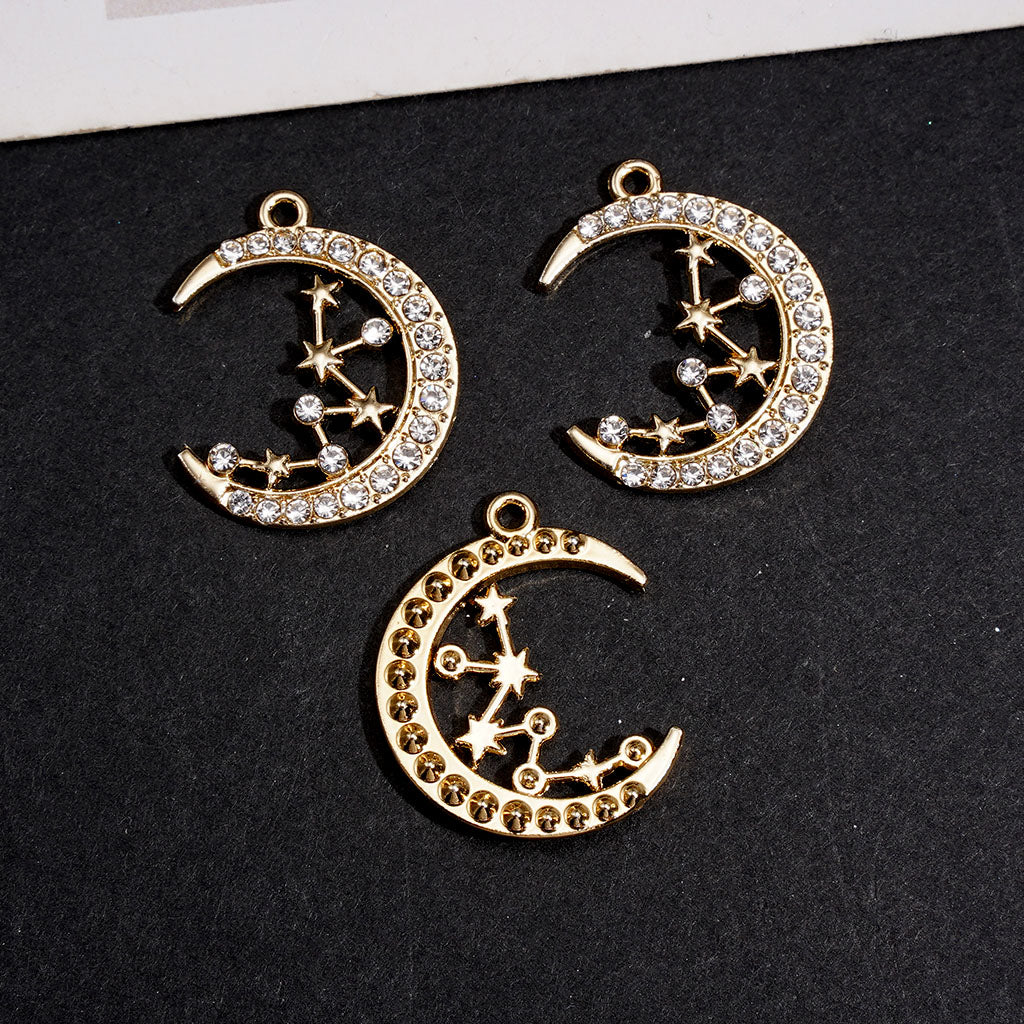 Crescent Moon & Star Constellation with Clear Rhinestones, Gold Alloy Charm Pendant & Jewelry Accessories