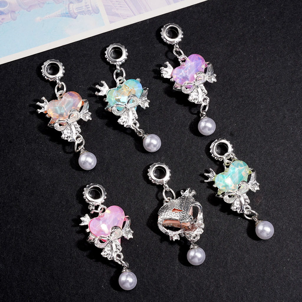 Iridescent Heart with Crown, Silver Metal Frame Bow & Pearl Drop, Silver Alloy Bail Beads Charm Pendant & Jewelry Accessories