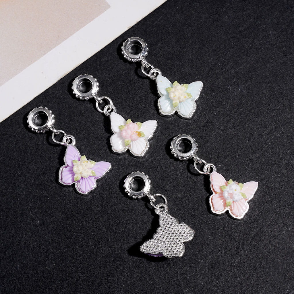 Butterfly Flower Enamel Dangle Silver Alloy Bail Beads Charm Pendant Jewelry Accessories Random Mix