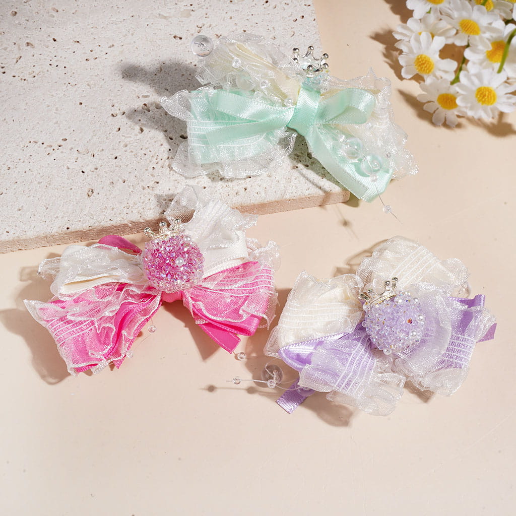 Acrylic Sugar Beads w Shiny Rhinestone & White Pearl, Crown & Round Circle, Lace Fabric Bow & Transparent Strings w Balls, Random Mix Multi-Color
